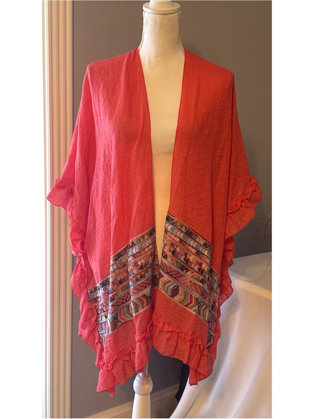 Boho Coral Kimono Poncho One Size Embroidered Trim Ruffle Hem